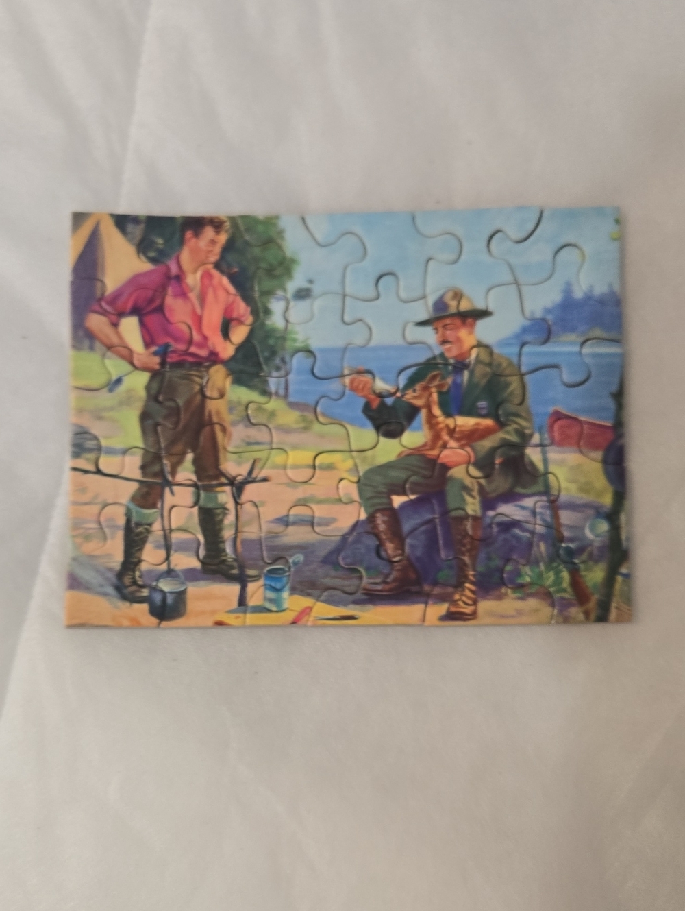 Nostalgic Lakeside Fishing Puzzle Art Print - Blue & Green Vintage